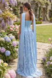 Sky Blue Lace Floral Strapless A Line Long Bridesmaid Dress with Streamer