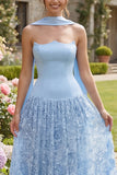 Sky Blue Lace Floral Strapless A Line Long Bridesmaid Dress with Streamer