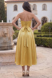 Golden Strapless A Line Corset Satin Midi Wedding Guest Dress