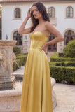 Golden Strapless A Line Corset Satin Midi Wedding Guest Dress
