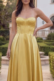 Golden Strapless A Line Corset Satin Midi Wedding Guest Dress