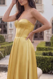 Golden Strapless A Line Corset Satin Midi Wedding Guest Dress