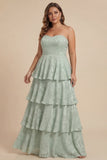 Sage Green A Line Strapless Tiered Ruffle Long Bridesmaid Dress