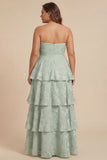 Sage Green A Line Strapless Tiered Ruffle Long Bridesmaid Dress