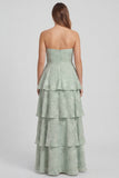 Sage Green A Line Strapless Tiered Ruffle Long Bridesmaid Dress