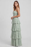 Sage Green A Line Strapless Tiered Ruffle Long Bridesmaid Dress