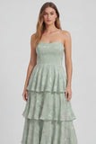 Sage Green A Line Strapless Tiered Ruffle Long Bridesmaid Dress