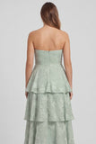Sage Green A Line Strapless Tiered Ruffle Long Bridesmaid Dress