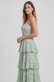 Sage Green A Line Strapless Tiered Ruffle Long Bridesmaid Dress
