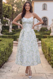 Blue White Flower Strapless A Line Printed Midi Wedding Guest Dress