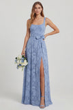 Dusty Blue Floral A Line Chiffon Long Bridesmaid Dress with Slit