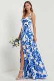 Floral Blue Printed A Line Square Neck Long Bridesmaid Dress with Slit