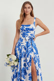 Floral Blue Printed A Line Square Neck Long Bridesmaid Dress with Slit