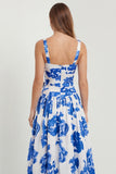Floral Blue Printed A Line Square Neck Long Bridesmaid Dress with Slit
