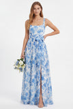 Blue Flower A Line Chiffon Square Neck Long Bridesmaid Dress with Slit