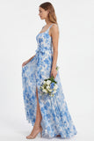 Blue Flower A Line Chiffon Square Neck Long Bridesmaid Dress with Slit