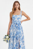 Blue Flower A Line Chiffon Square Neck Long Bridesmaid Dress with Slit