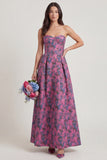 Fuchsia Strapless A Line Printed Corset Long Wedding Guest Dress