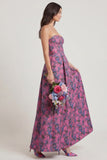 Fuchsia Strapless A Line Printed Corset Long Wedding Guest Dress