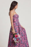 Fuchsia Strapless A Line Printed Corset Long Wedding Guest Dress