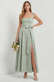 Sage Green Jacquard Square Neck A Line Midi Wedding Guest Dress with Slit