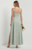 Sage Green Jacquard Square Neck A Line Midi Wedding Guest Dress with Slit