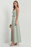 Sage Green Jacquard Square Neck A Line Midi Wedding Guest Dress with Slit