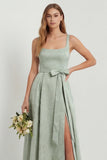 Sage Green Jacquard Square Neck A Line Midi Wedding Guest Dress with Slit