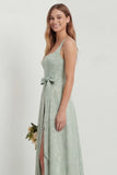 Sage Green Jacquard Square Neck A Line Midi Wedding Guest Dress with Slit