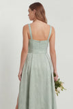 Sage Green Jacquard Square Neck A Line Midi Wedding Guest Dress with Slit