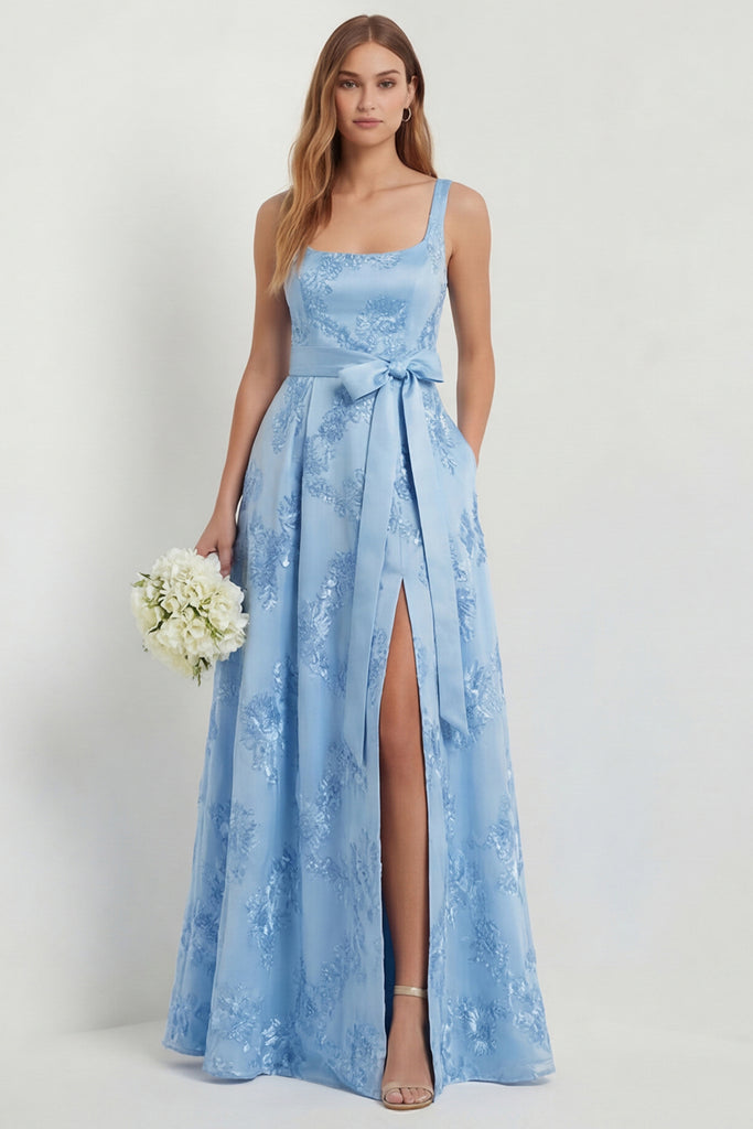 WEDTREND Women Sky Blue Floral Wedding Guest Dress with Slit A Line