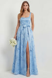 Sky Blue Floral A Line Satin Long Wedding Guest Dress with Slit