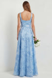 Sky Blue Floral A Line Satin Long Wedding Guest Dress with Slit