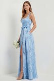 Sky Blue Floral A Line Satin Long Wedding Guest Dress with Slit