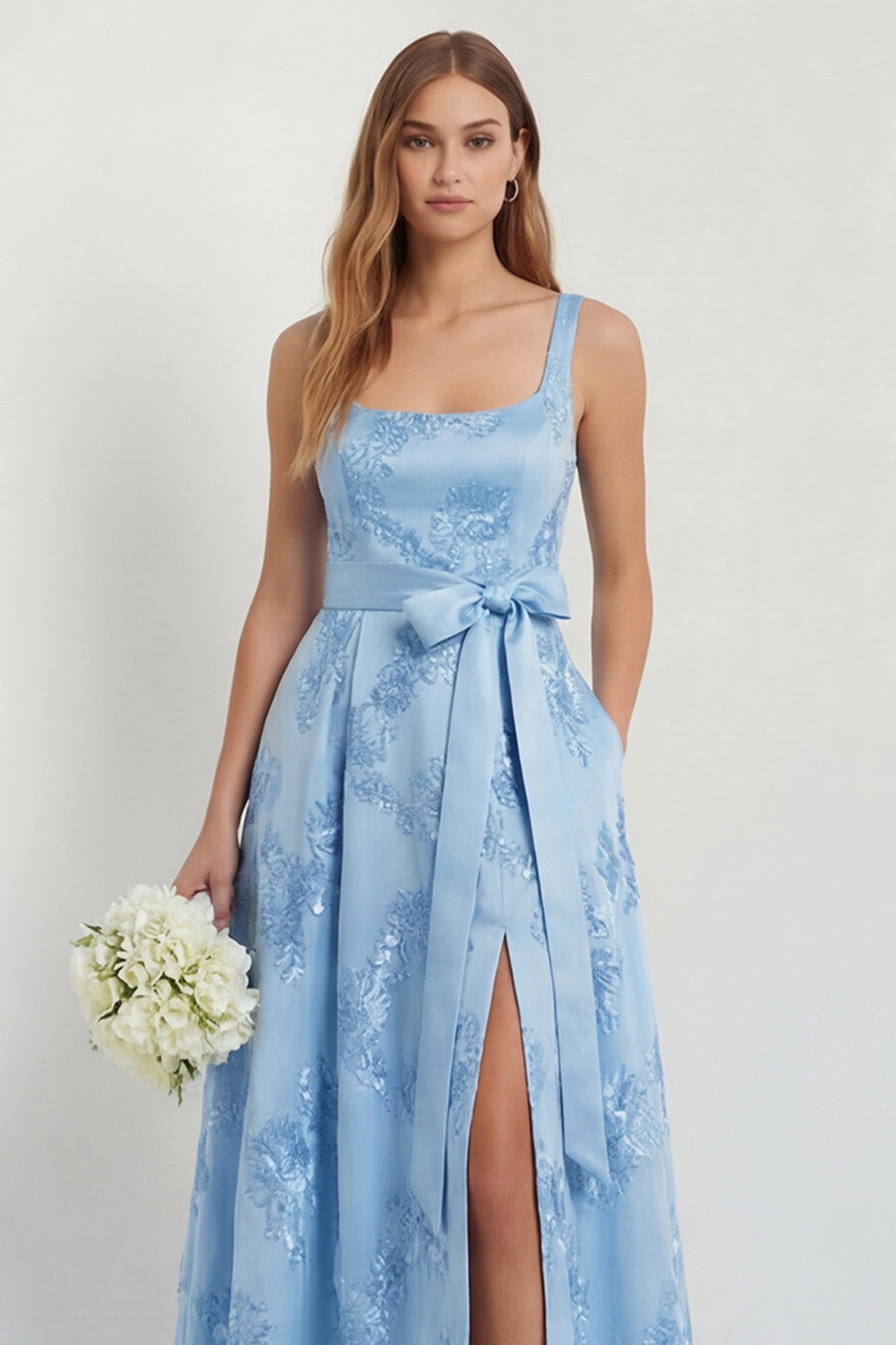 WEDTREND Women Sky Blue Floral Wedding Guest Dress with Slit A Line