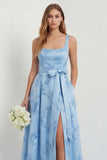 Sky Blue Floral A Line Satin Long Wedding Guest Dress with Slit
