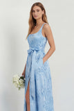 Sky Blue Floral A Line Satin Long Wedding Guest Dress with Slit