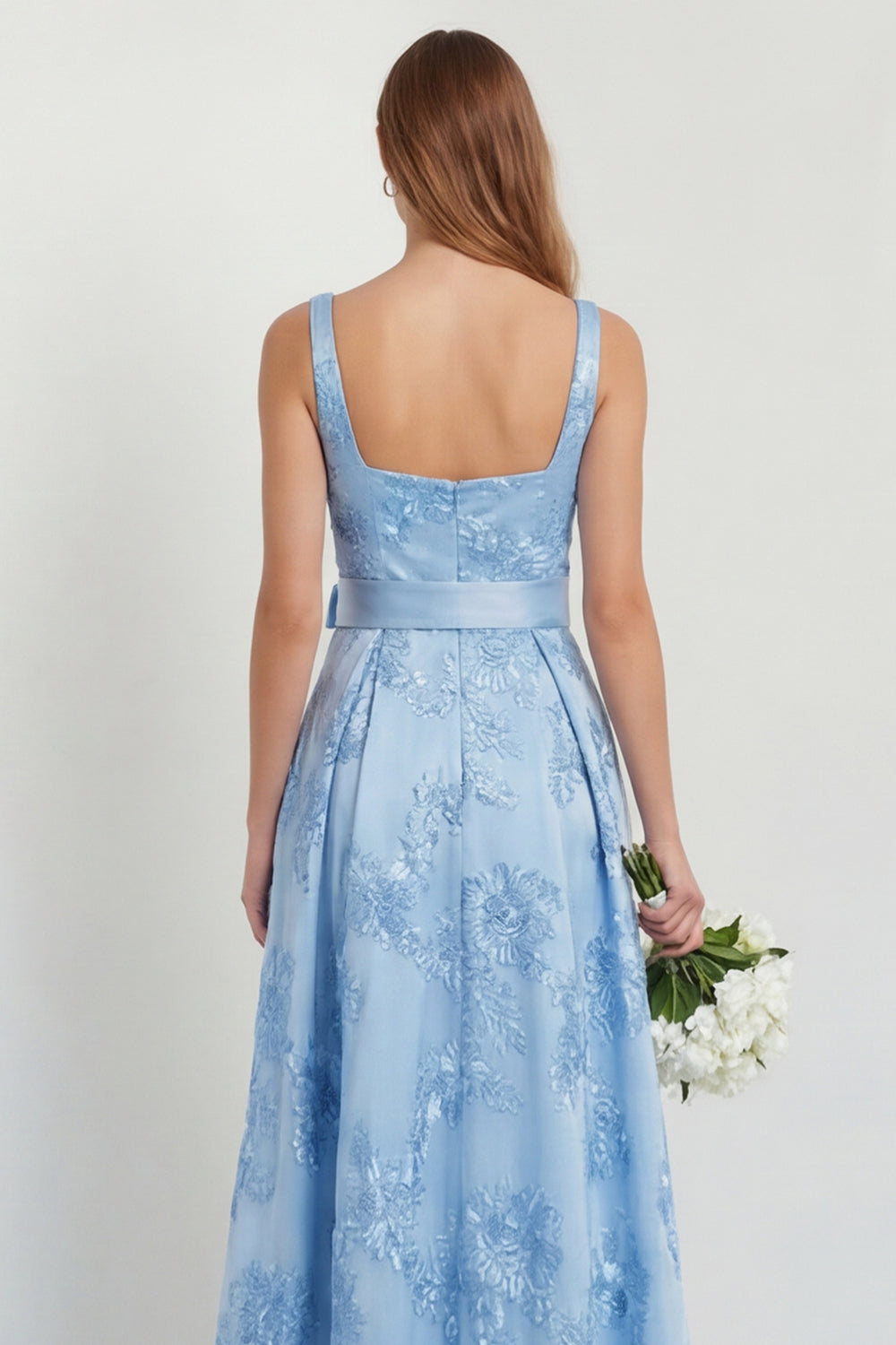 WEDTREND Women Sky Blue Floral Wedding Guest Dress with Slit A Line