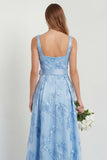 Sky Blue Floral A Line Satin Long Wedding Guest Dress with Slit