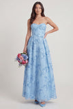 Strapless A Line Sky Blue Floral Corset Wedding Guest Dress
