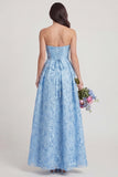 Strapless A Line Sky Blue Floral Corset Wedding Guest Dress