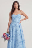 Strapless A Line Sky Blue Floral Corset Wedding Guest Dress