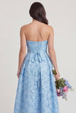 Strapless A Line Sky Blue Floral Corset Wedding Guest Dress
