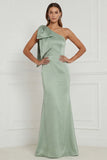 Sage Green One Shoulder Mermaid Satin Long Bridesmaid Dress with Bow