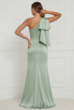 Sage Green One Shoulder Mermaid Satin Long Bridesmaid Dress with Bow