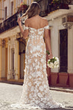 White Apricot Off the Shoulder Mermaid Long Wedding Dress with 3D Flowers