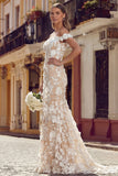 White Apricot Off the Shoulder Mermaid Long Wedding Dress with 3D Flowers