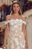 White Apricot Off the Shoulder Mermaid Long Wedding Dress with 3D Flowers