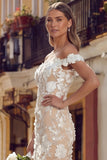 White Apricot Off the Shoulder Mermaid Long Wedding Dress with 3D Flowers