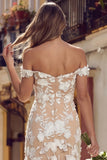 White Apricot Off the Shoulder Mermaid Long Wedding Dress with 3D Flowers